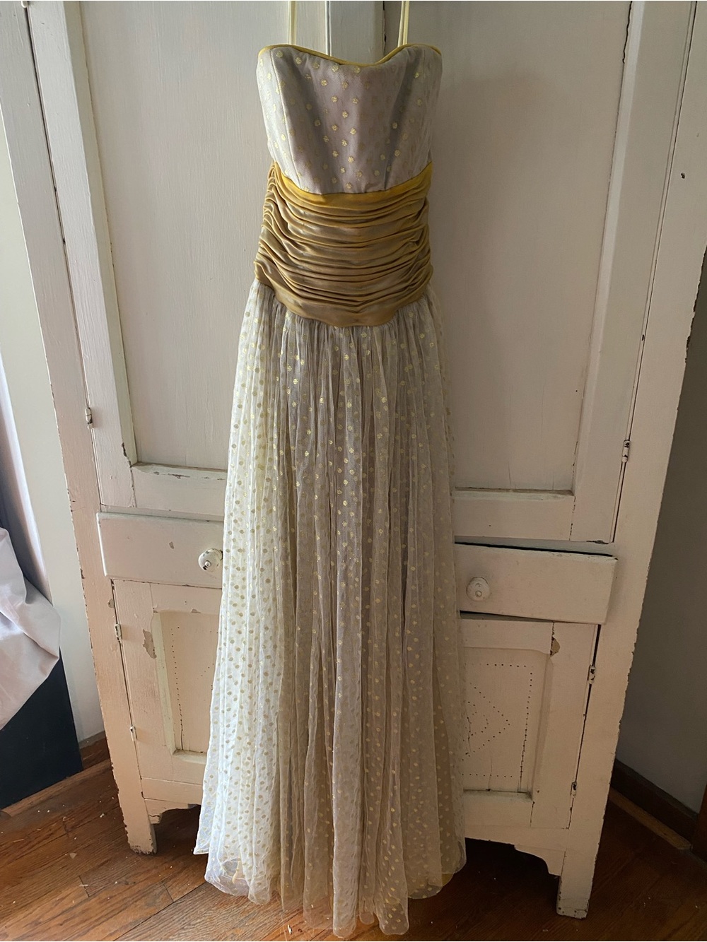 Jovani Ivory Tulle Strapless Gown with Gold Sash current day size 0/2